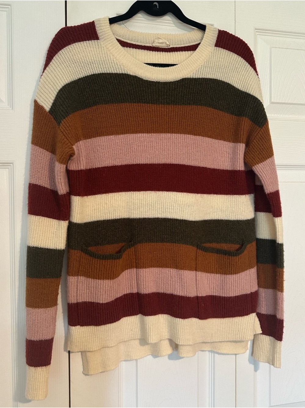 Hem & Thread Striped Crewneck Sweater in Cream, Pink, Rust, Olive & Burgundy